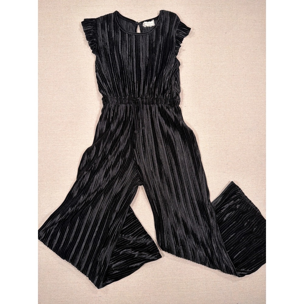 Btween Girls Black Pleated Velvet Jumpsuit Ruffle Sleeve Wide Leg Size 12 TE408